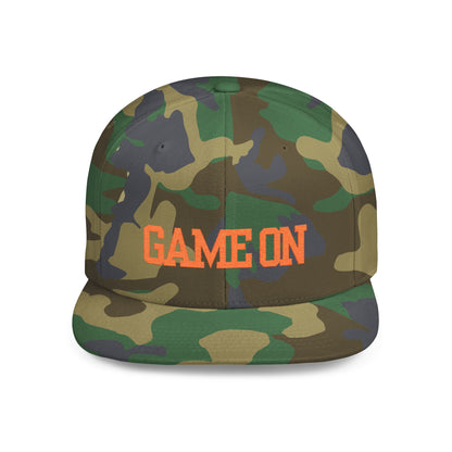 Trendy “Game On” snapback cap for adults. Adjustable flat bill hat, stylish streetwear accessory, perfect for gifts, festivals, sports, and casual outings.