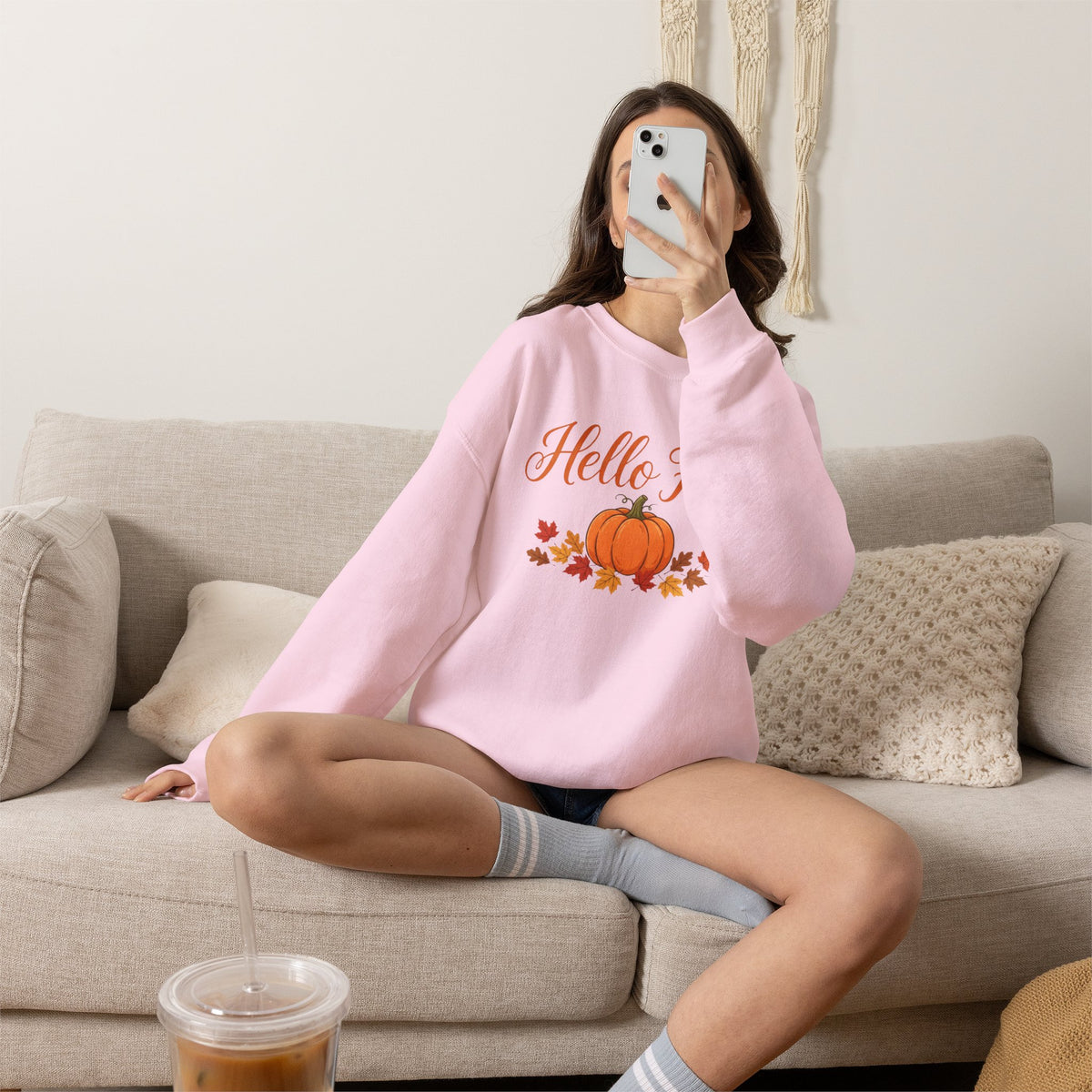 Hello Fall Pumpkin Crewneck Sweatshirt | Cozy Autumn Apparel