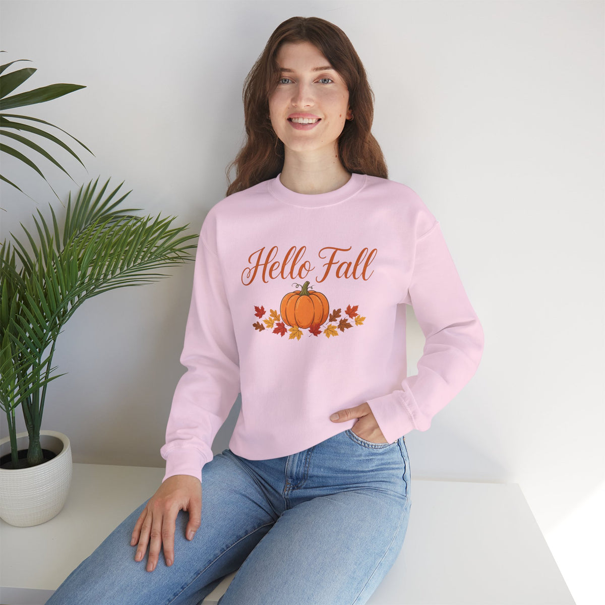 Hello Fall Pumpkin Crewneck Sweatshirt | Cozy Autumn Apparel