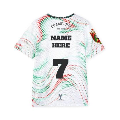 Custom Portugal Soccer Jersey Design – Red & Green Abstract Pattern with Gold Crest and Number 7