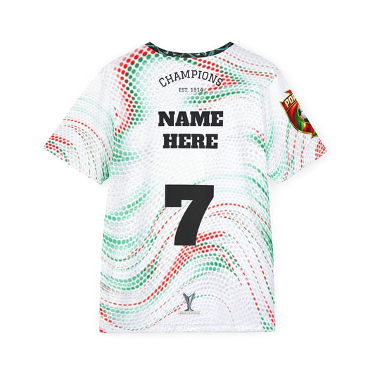 Custom Portugal Soccer Jersey Design – Red & Green Abstract Pattern with Gold Crest and Number 7