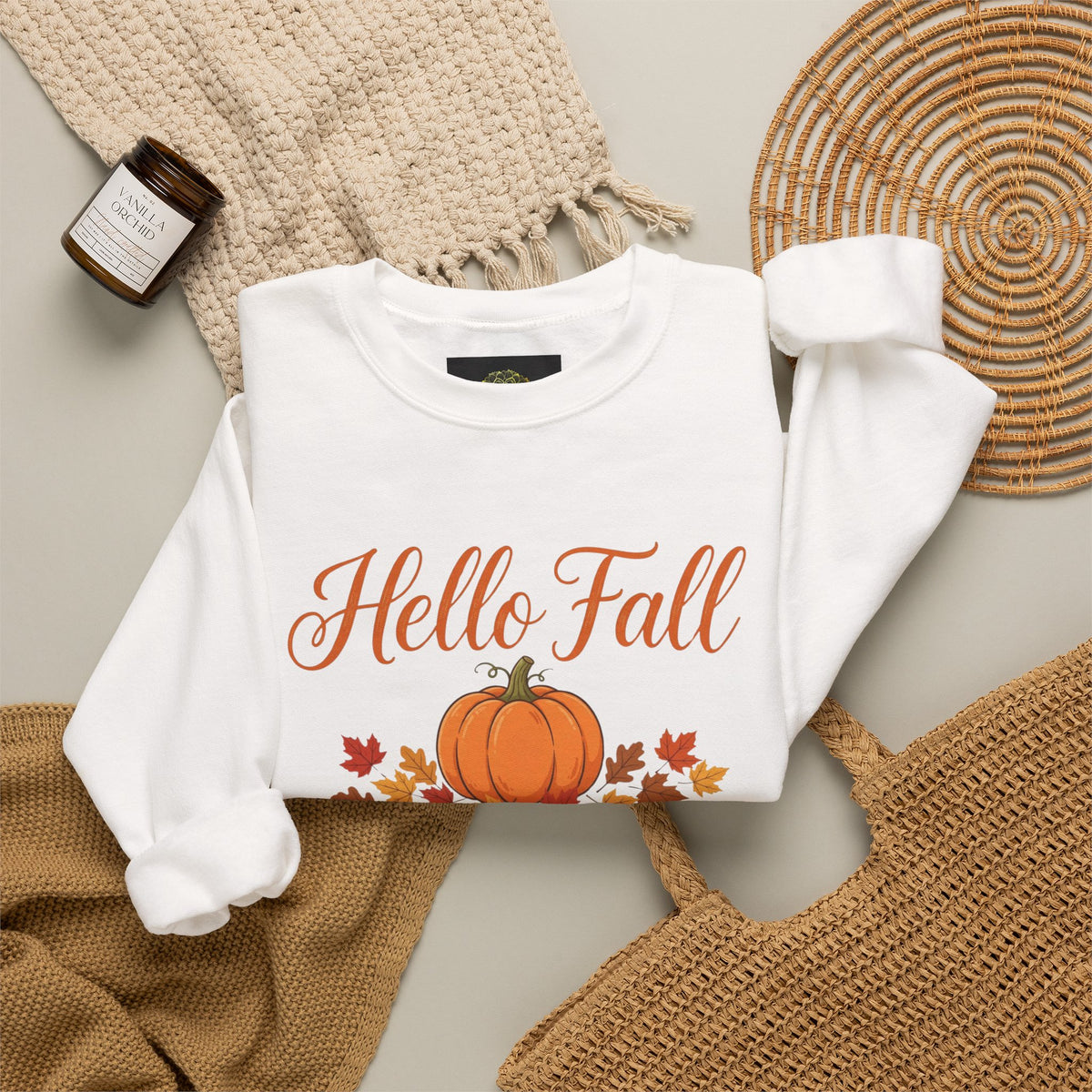 Hello Fall Pumpkin Crewneck Sweatshirt | Cozy Autumn Apparel