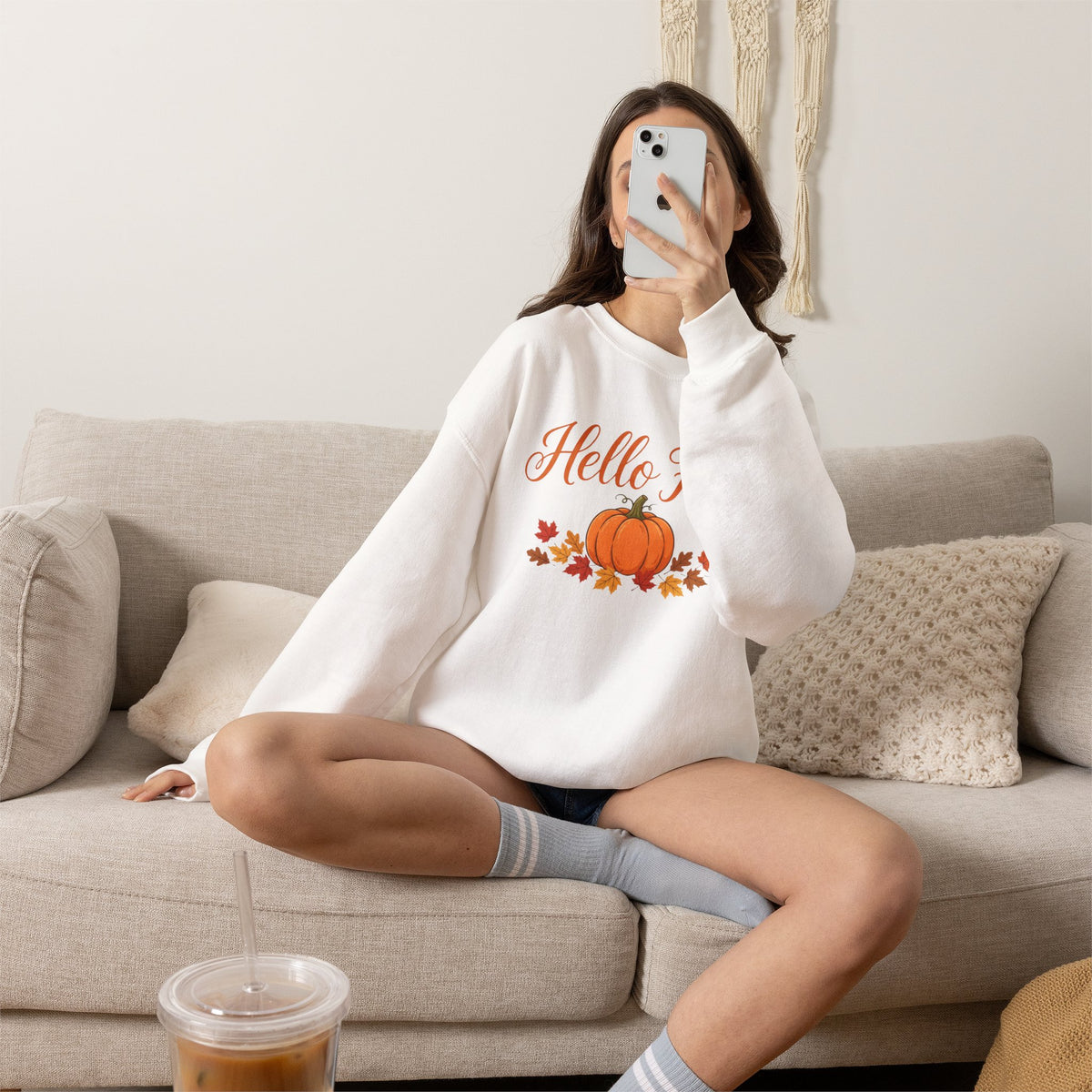 Hello Fall Pumpkin Crewneck Sweatshirt | Cozy Autumn Apparel