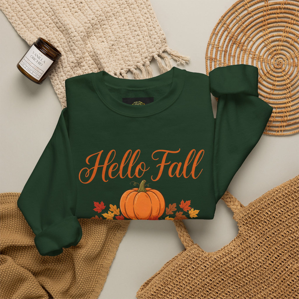 Hello Fall Pumpkin Crewneck Sweatshirt | Cozy Autumn Apparel