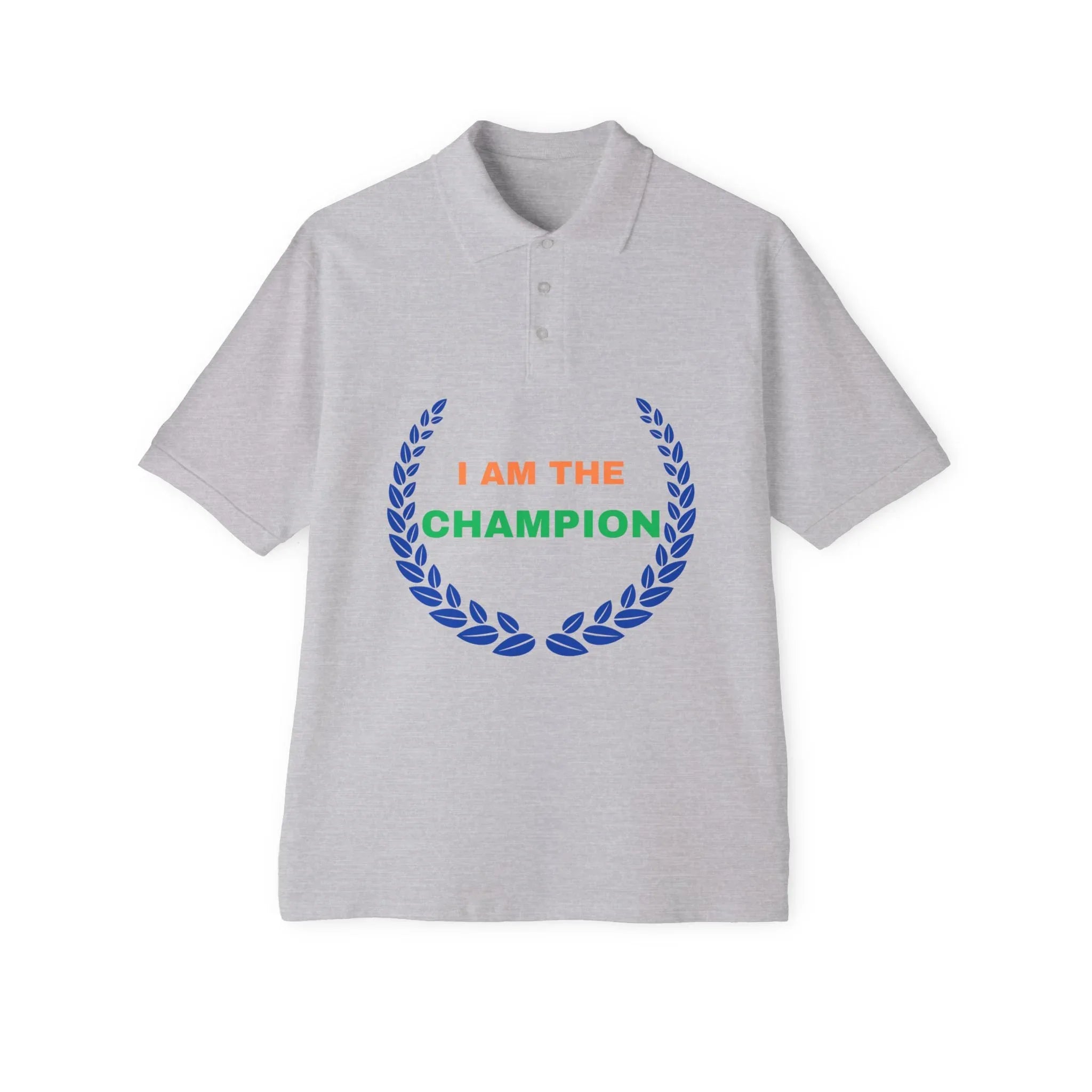 Champion’s statement men’s polo – “I AM THE CHAMPION.” Cotton piqué collared shirt, S–3XL. Perfect for casual wear, Father’s Day gifts, or summer events. - RizQ Life 