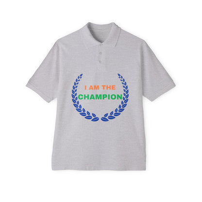 Champion’s statement men’s polo – “I AM THE CHAMPION.” Cotton piqué collared shirt, S–3XL. Perfect for casual wear, Father’s Day gifts, or summer events.