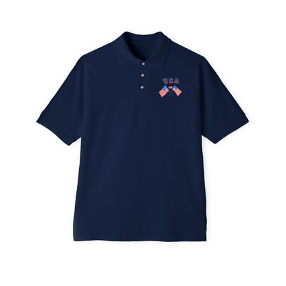 Patriotic men’s polo shirt with USA flag design. Cotton piqué short sleeve collared shirt, S–3XL. Perfect for 4th of July, BBQs, Father’s Day gifts.