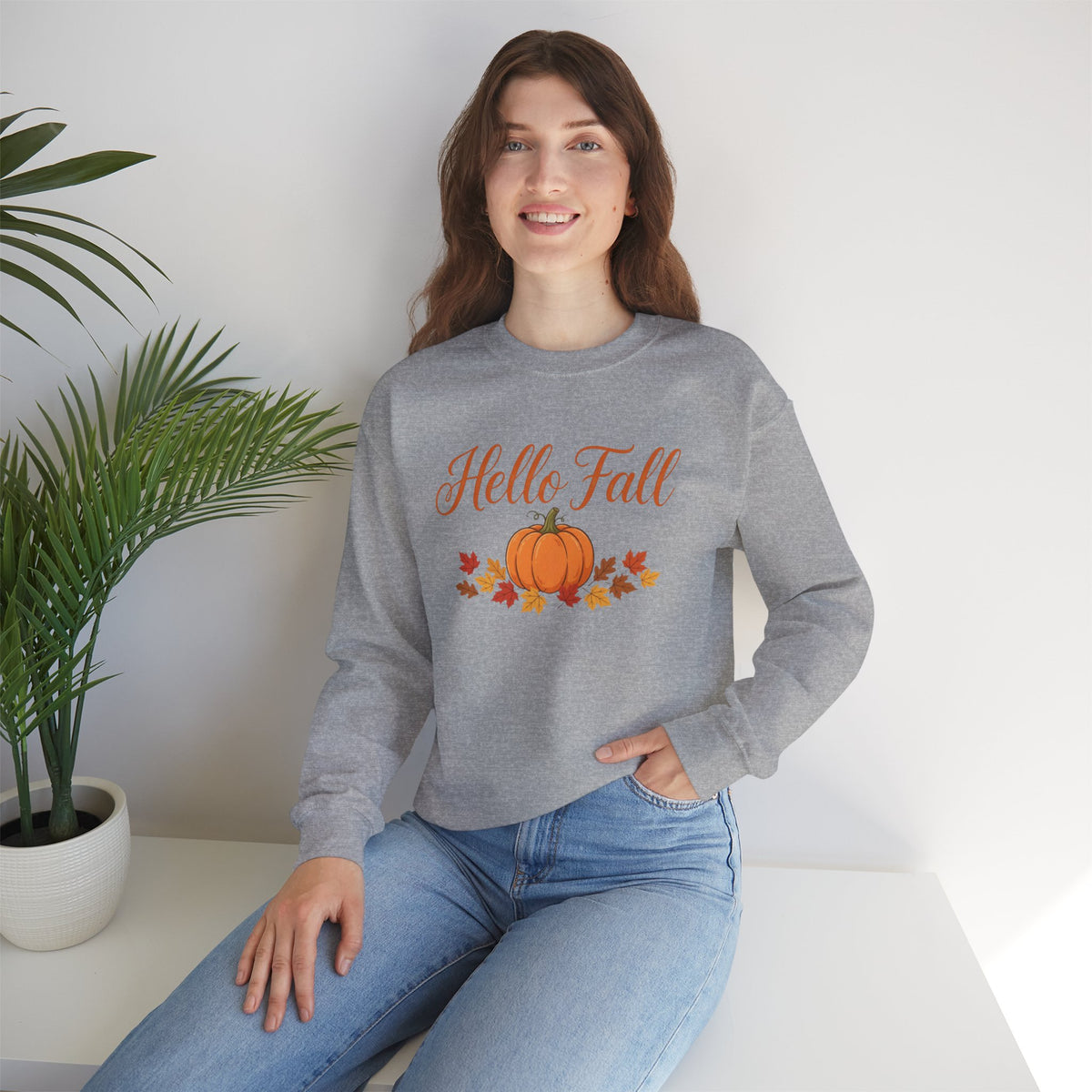 Hello Fall Pumpkin Crewneck Sweatshirt | Cozy Autumn Apparel