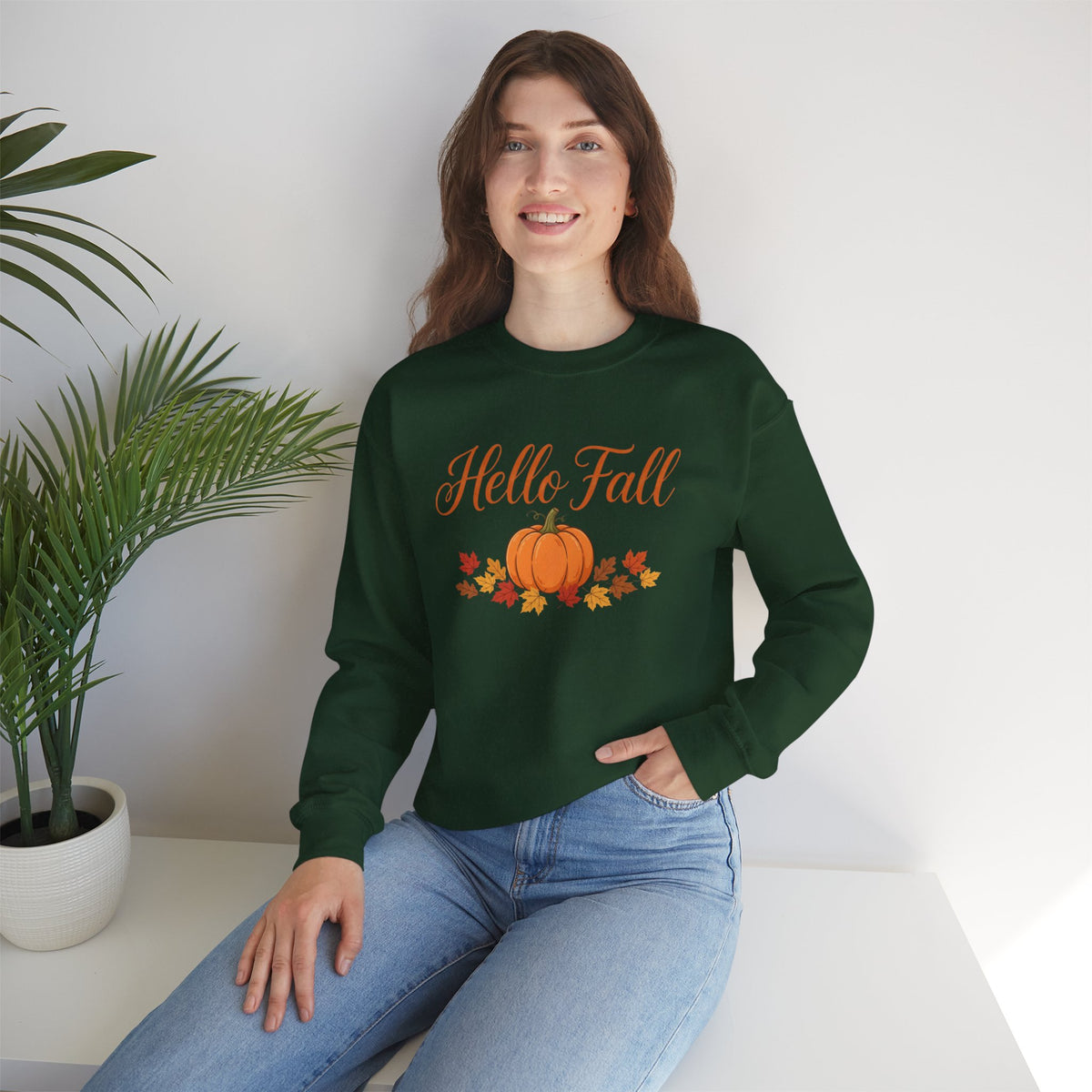 Hello Fall Pumpkin Crewneck Sweatshirt | Cozy Autumn Apparel