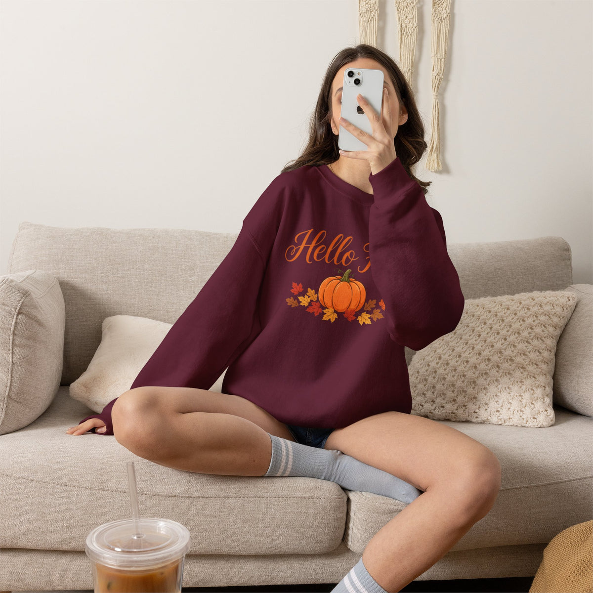 Hello Fall Pumpkin Crewneck Sweatshirt | Cozy Autumn Apparel