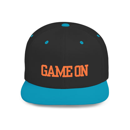 Trendy “Game On” snapback cap for adults. Adjustable flat bill hat, stylish streetwear accessory, perfect for gifts, festivals, sports, and casual outings.