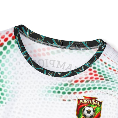 Custom Portugal Soccer Jersey Design – Red & Green Abstract Pattern with Gold Crest and Number 7