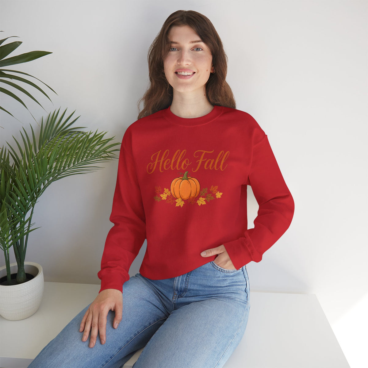 Hello Fall Pumpkin Crewneck Sweatshirt | Cozy Autumn Apparel