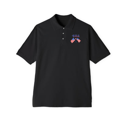 Patriotic men’s polo shirt with USA flag design. Cotton piqué short sleeve collared shirt, S–3XL. Perfect for 4th of July, BBQs, Father’s Day gifts.