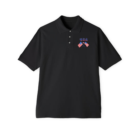 Patriotic men’s polo shirt with USA flag design. Cotton piqué short sleeve collared shirt, S–3XL. Perfect for 4th of July, BBQs, Father’s Day gifts.