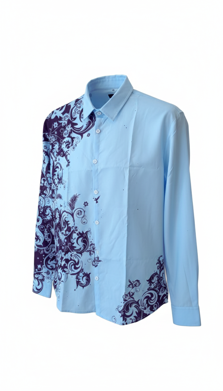 Men’s Light Blue Graphic Button-Down Shirt – Navy Scroll Print