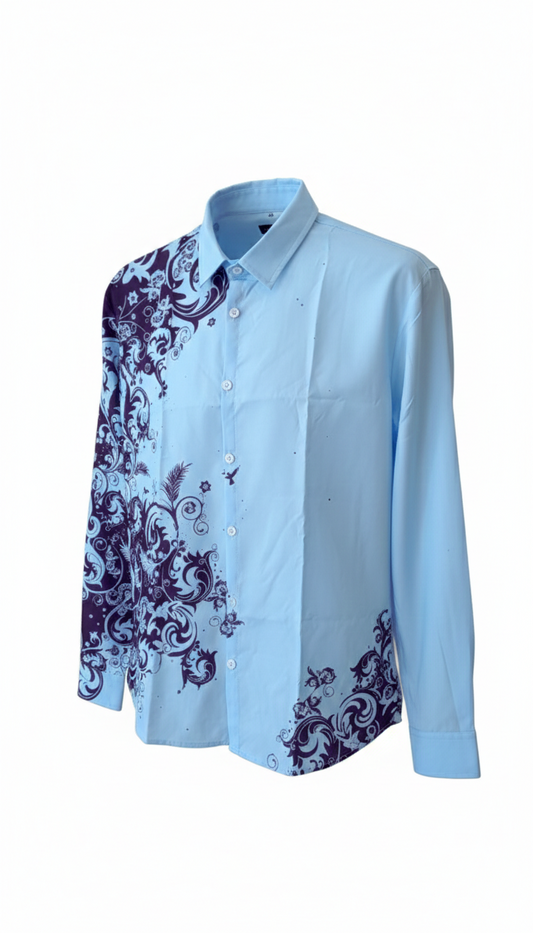 Men’s Light Blue Graphic Button-Down Shirt – Navy Scroll Print
