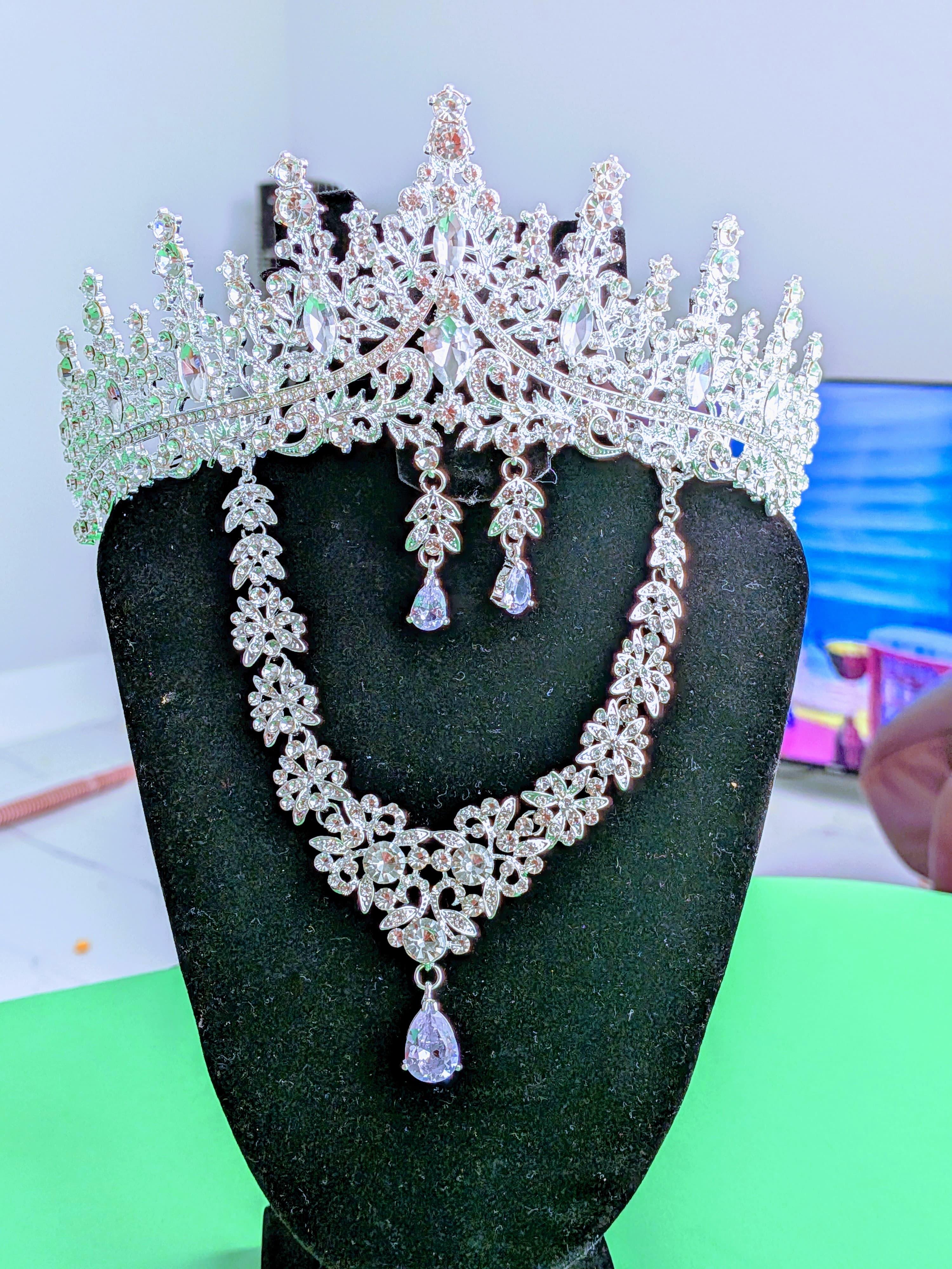 High End Luxury Crown Necklace Earrings set For Bride, Weeding Dress Jewelry, Weeding Necklace, Weeding Jewelry High End Grand - RizQ Life 