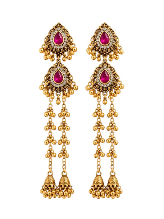 Antique Gold Red Stone Indian Jhumka Earrings