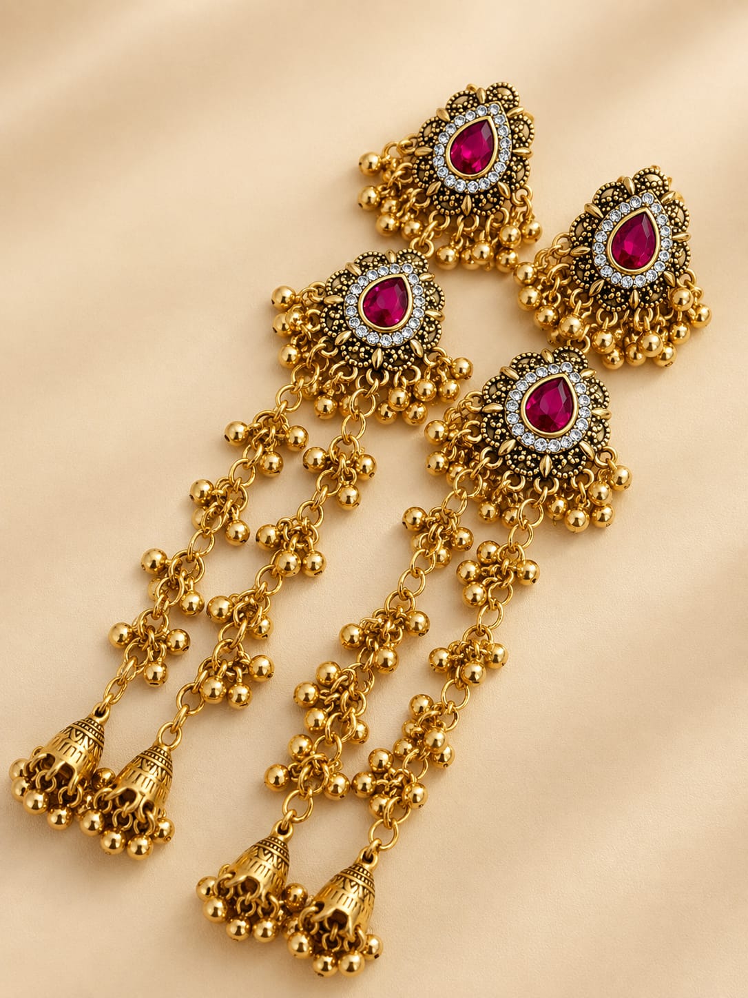 Antique Gold Red Stone Indian Jhumka Earrings