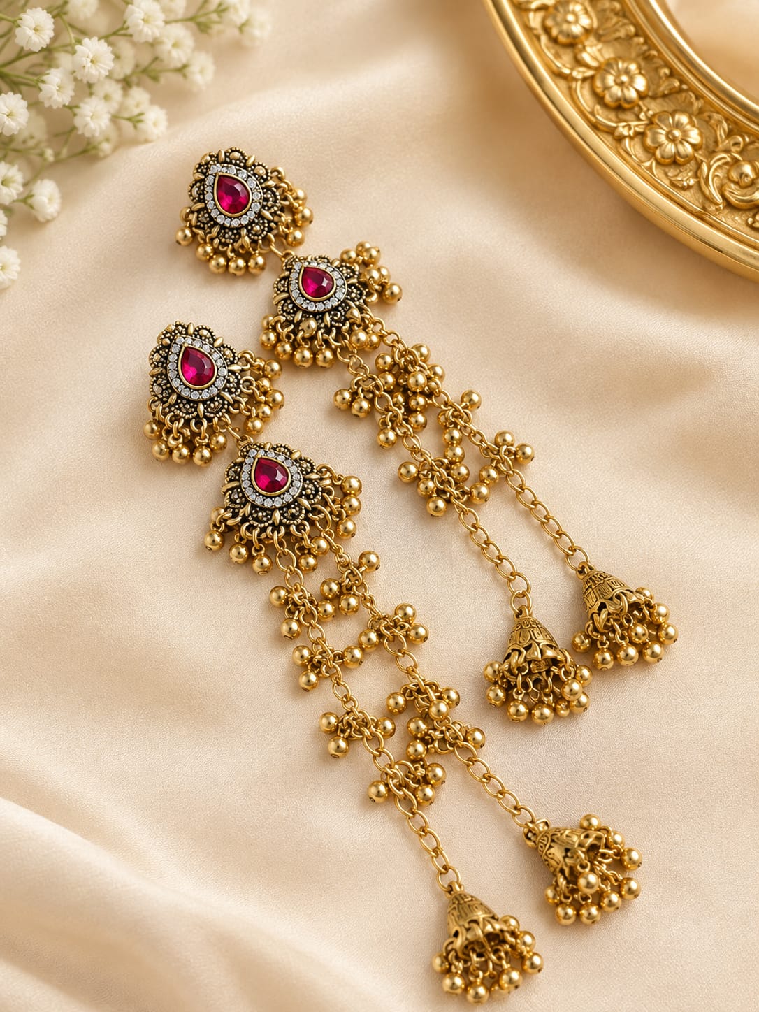 Antique Gold Red Stone Indian Jhumka Earrings
