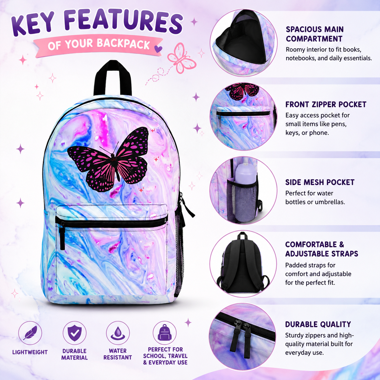 Butterfly Marble Backpack | Trendy School Bag, Stylish Travel Backpack, Gift for Teens, Summer Vibes, Colorful Rucksack