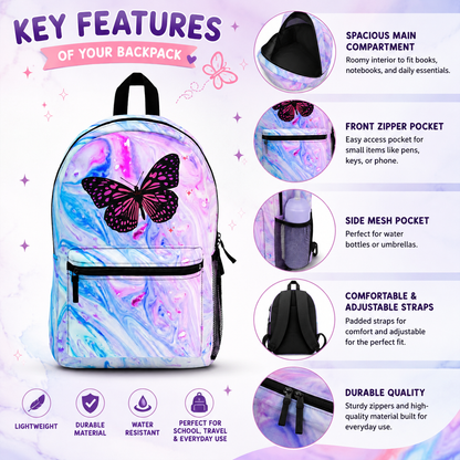 Butterfly Marble Backpack | Trendy School Bag, Stylish Travel Backpack, Gift for Teens, Summer Vibes, Colorful Rucksack