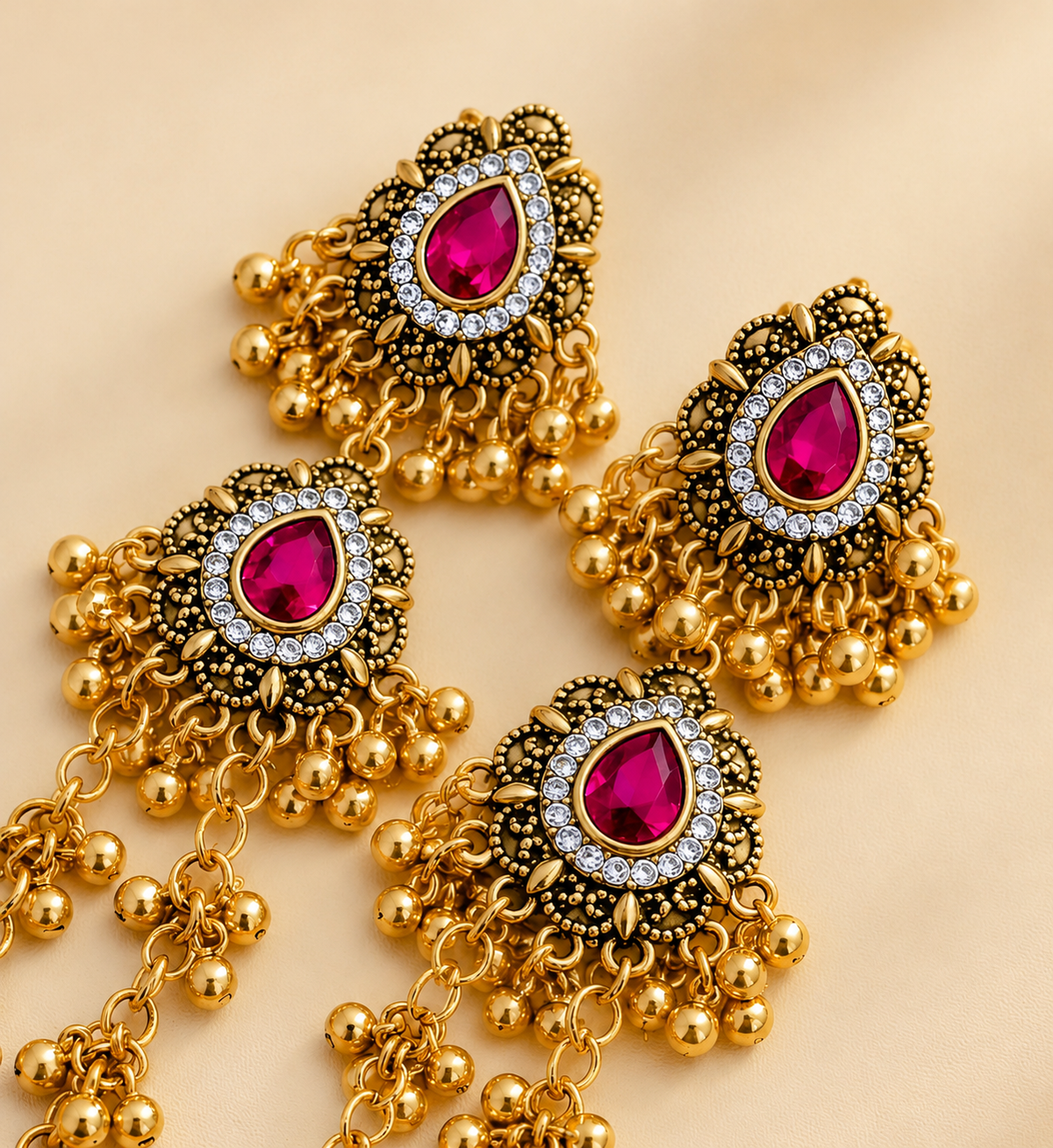 Antique Gold Red Stone Indian Jhumka Earrings