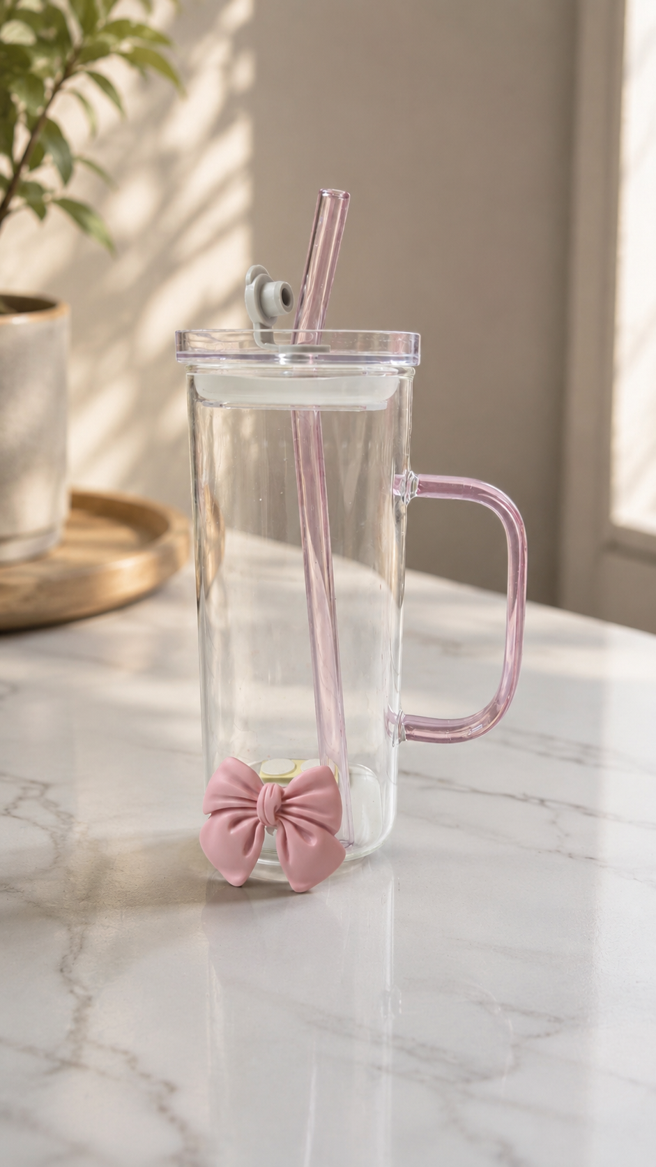 The Coquette Bow All-Glass Tumbler Mug with Glass Straw & Handle