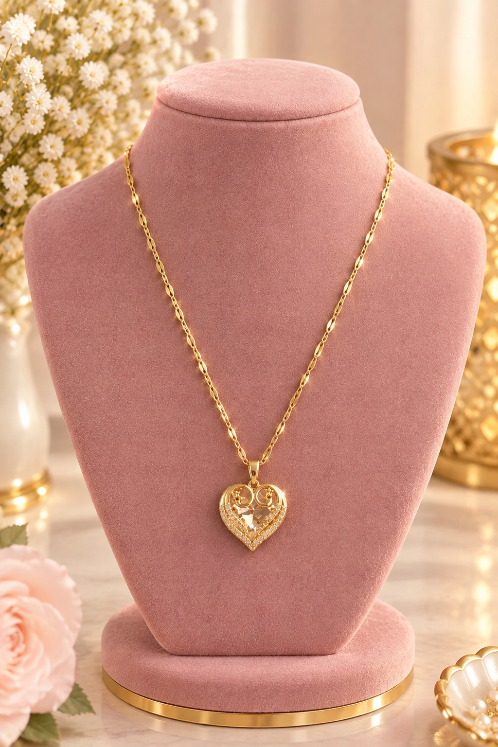 Timeless Love Heart Necklace – 18K Gold Plated, CZ Inlaid Luxury Pendant