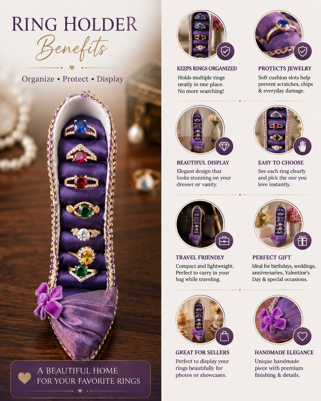 Royal Velvet High Heel Ring Holder Set with 7-Piece Multi-Color CZ Rings