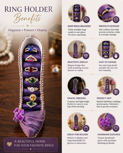 Royal Velvet High Heel Ring Holder Set with 7-Piece Multi-Color CZ Rings