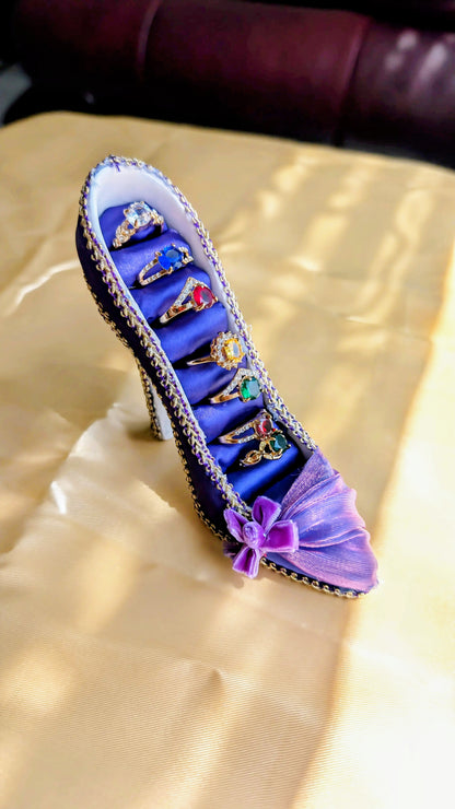 Royal Velvet High Heel Ring Holder Set with 7-Piece Multi-Color CZ Rings