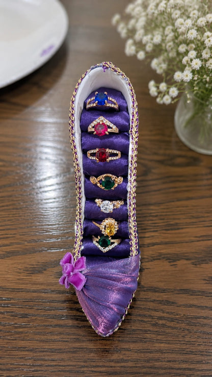 Royal Velvet High Heel Ring Holder Set with 7-Piece Multi-Color CZ Rings