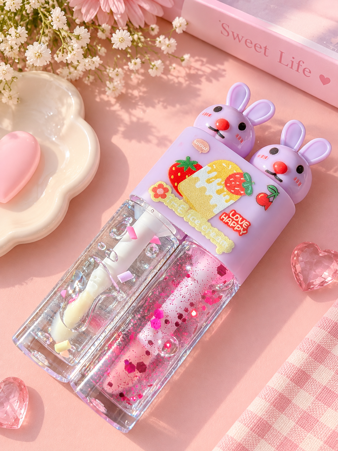 Kawaii Bunny Lip Gloss Duo – Clear & Pink Glitter Gloss | Cute Shiny Lip Makeup 🐰💗