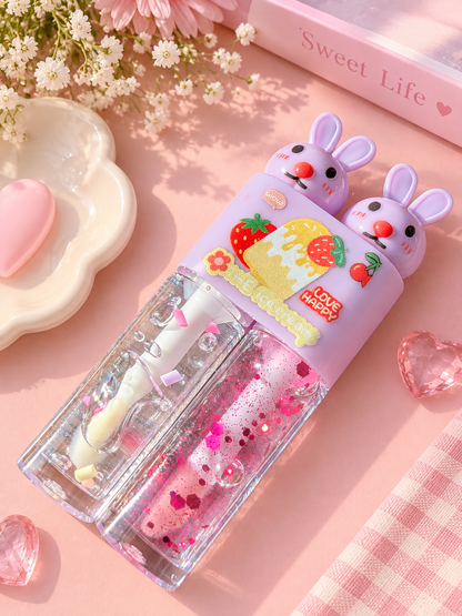 Kawaii Bunny Lip Gloss Duo – Clear & Pink Glitter Gloss | Cute Shiny Lip Makeup 🐰💗