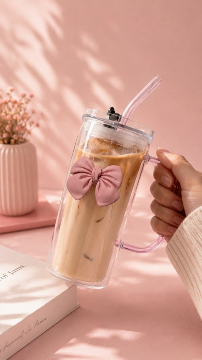 The Coquette Bow All-Glass Tumbler Mug with Glass Straw & Handle