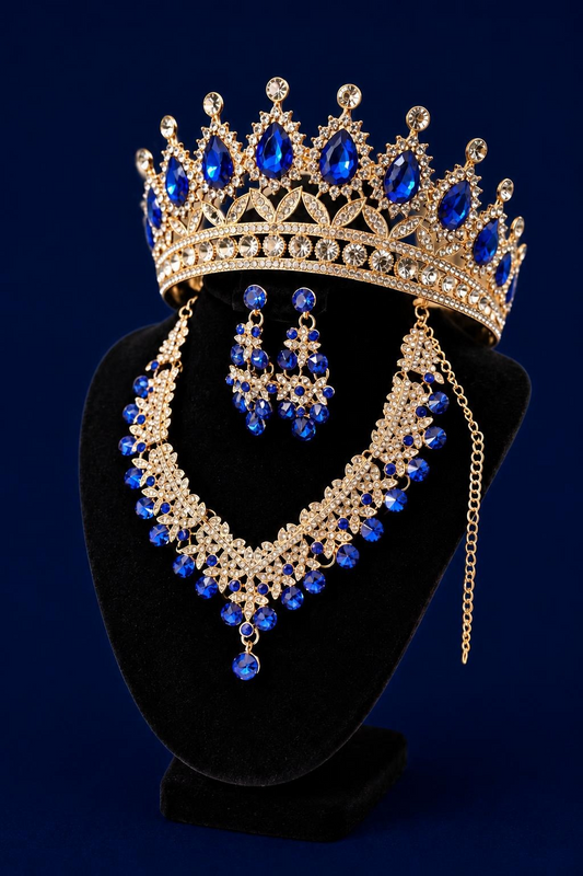 Royal Sapphire Blue & Gold 3-Piece Jewelry Set | Diwali, Bridal & Prom