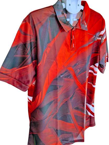 Men's Abstract Red & Black Sublimation Polo Shirt - Performance Fit, Size L