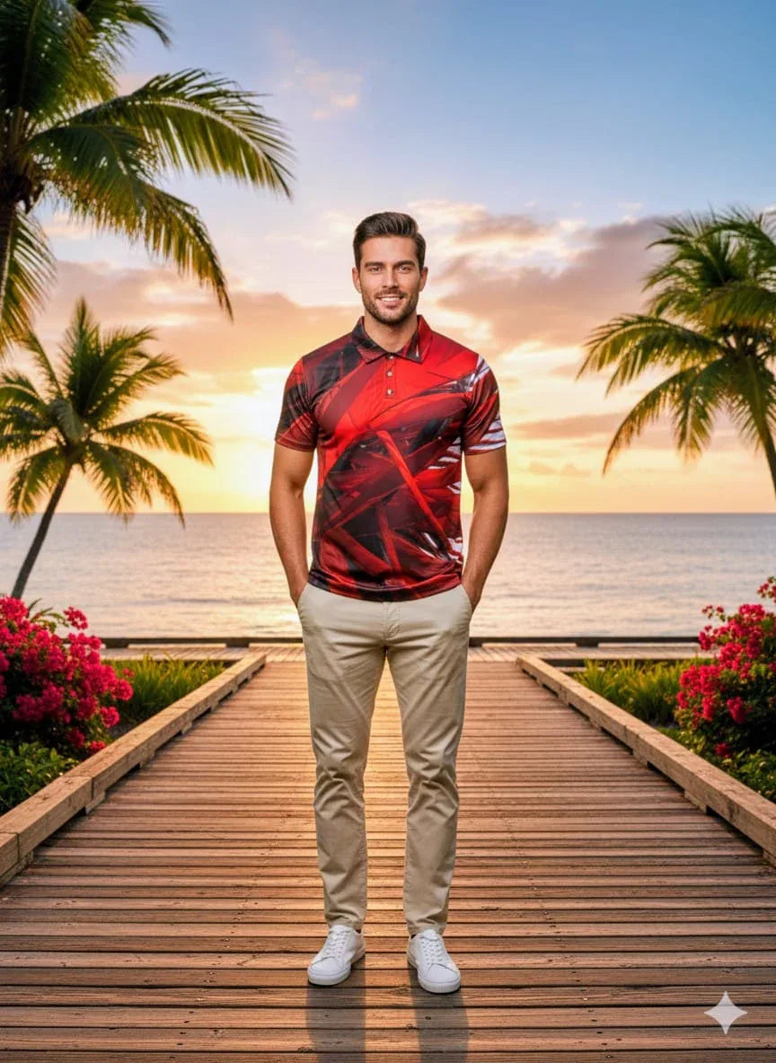 Men's Abstract Red & Black Sublimation Polo Shirt - Performance Fit, Size L - RizQ Life 