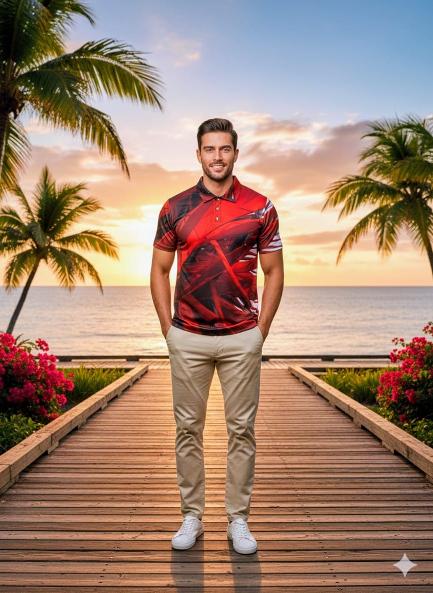 Men's Abstract Red & Black Sublimation Polo Shirt - Performance Fit, Size L