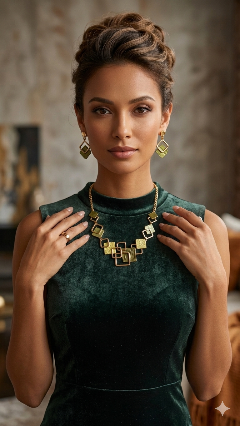 Geometric Gold Necklace Set with Matching Earrings – Elegant Statement Jewelry