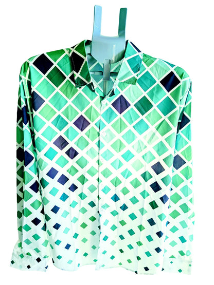 Men’s Green Geometric Print Button-Up Shirt – Long Sleeve Collared Casual & Smart Shirt - RizQ Life 