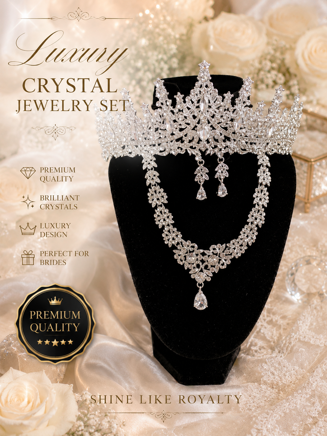 Luxury Crystal Bridal Jewelry Set with Tiara Crown, Necklace & Earrings – Silver Rhinestone Wedding Accessories