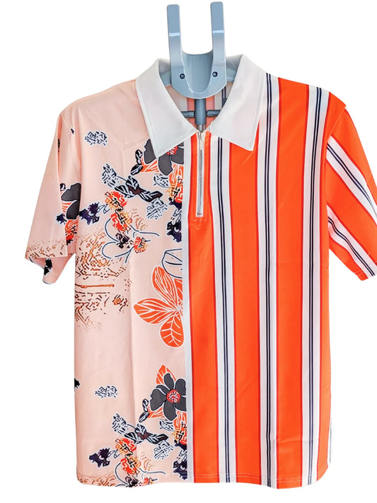 Stylish orange Floral shirt, Orange Floral & Stripe Print Short Sleeve shirt - Urban Sophisticate, Casual Polyester, Zip Detail, Machine Washable, Perfect For Spring/Fall - RizQ Life 