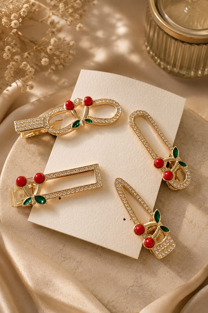 Gold Tone Rhinestone Cherry Hair Clip Set – Stylish Hair Accessories