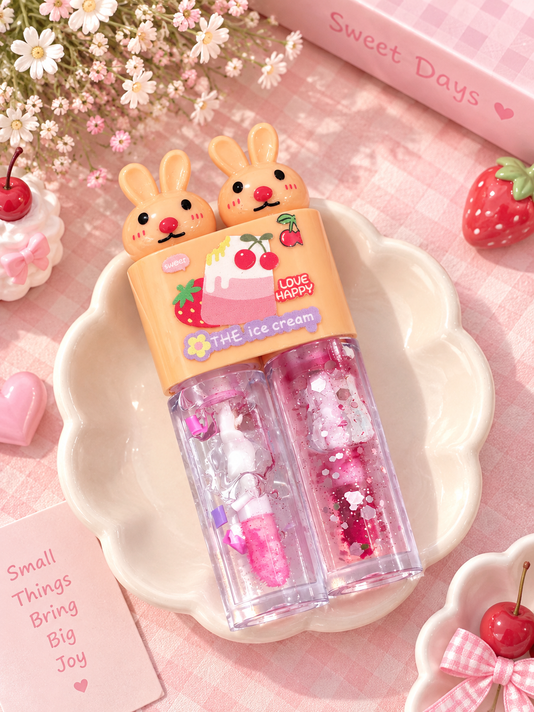 Kawaii Bunny Lip Gloss Duo – Clear & Pink Glitter Gloss | Cute Shiny Lip Makeup 🐰💗