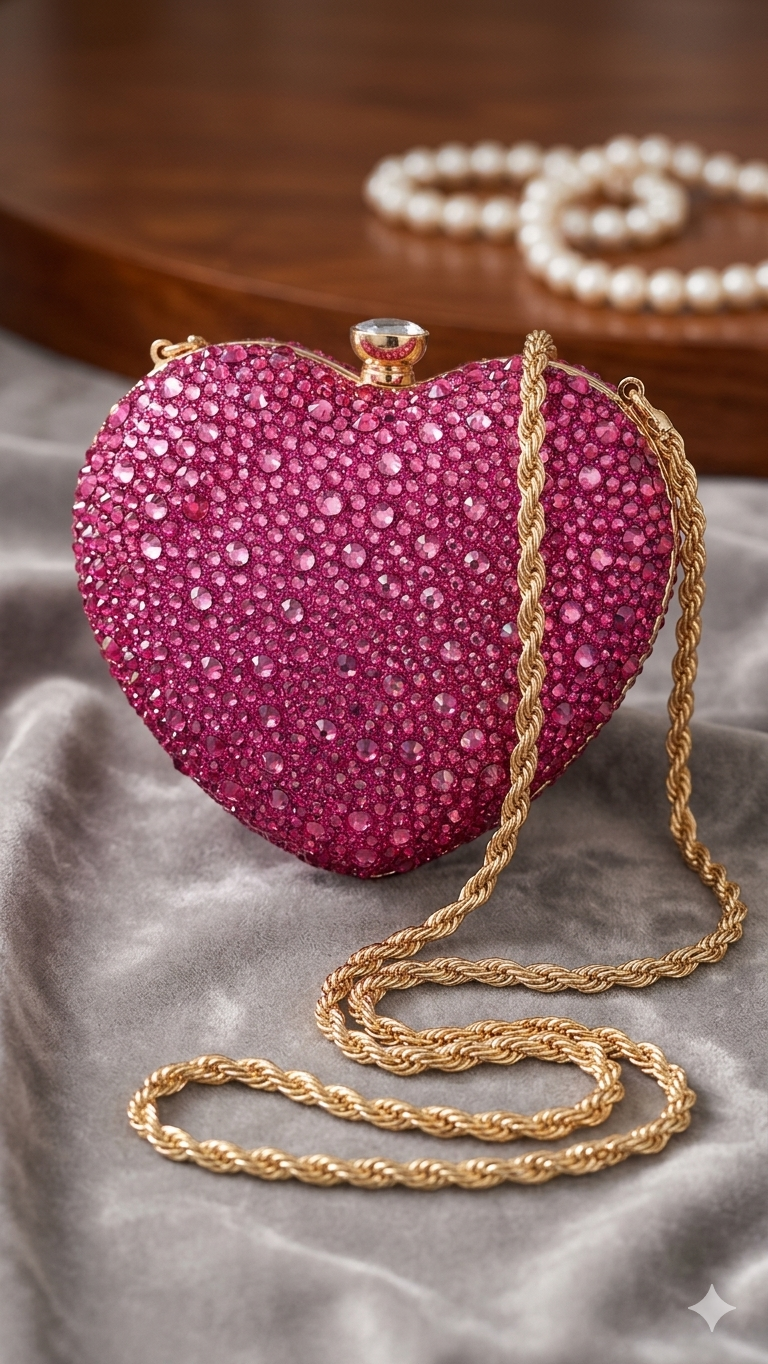 Sparkly Heart-Shaped Crystal Clutch – Hot Pink Rhinestone Evening Bag with Gold Chain