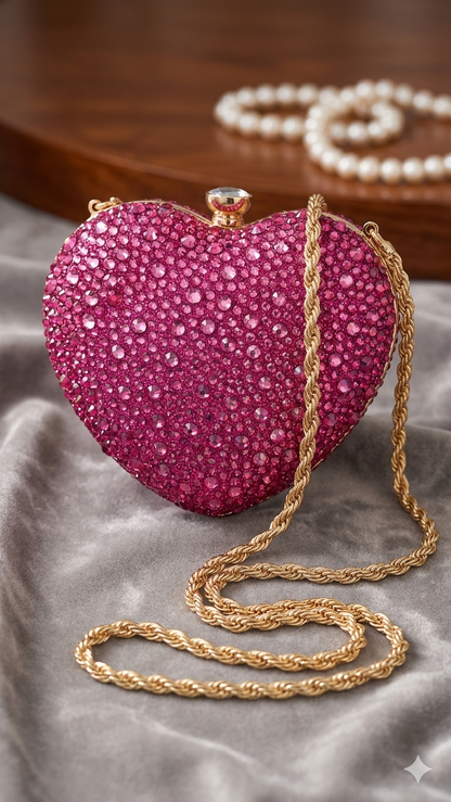 Sparkly Heart-Shaped Crystal Clutch – Hot Pink Rhinestone Evening Bag with Gold Chain