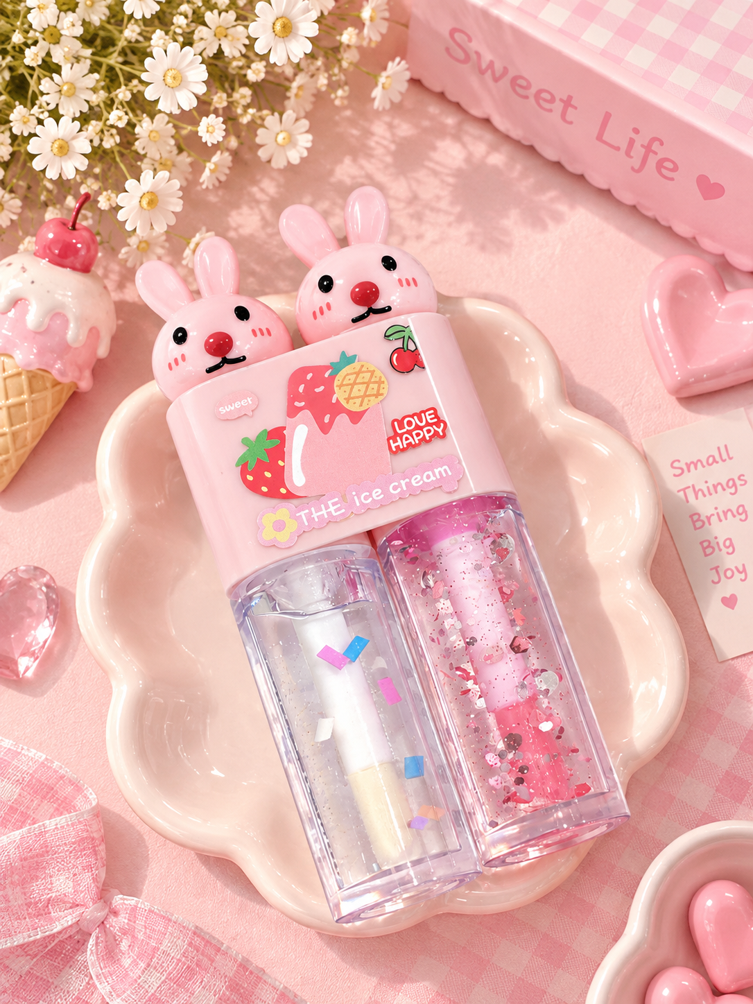 Kawaii Bunny Lip Gloss Duo – Clear & Pink Glitter Gloss | Cute Shiny Lip Makeup 🐰💗